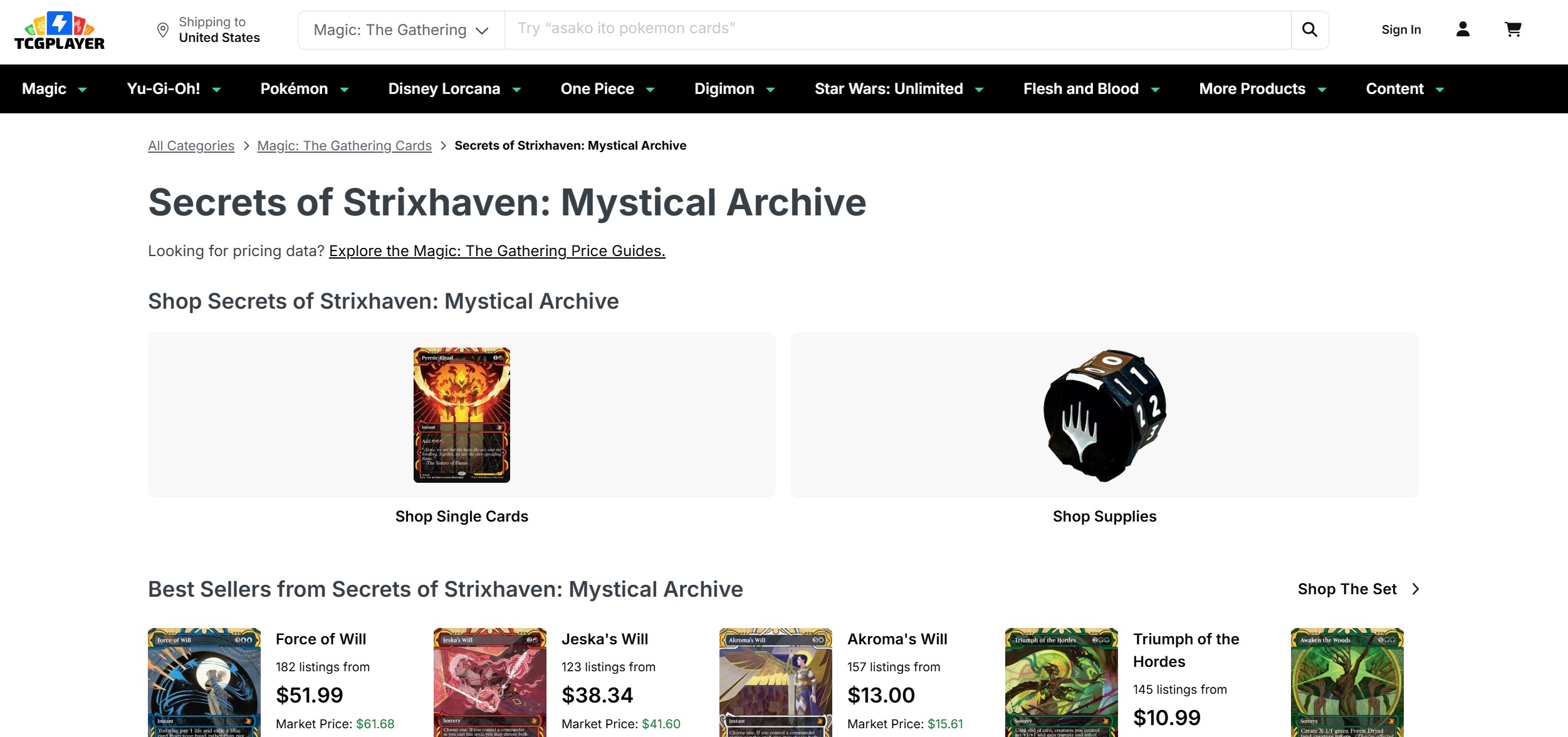 Screenshot of TCGplayer.com showing trading card shopping options.